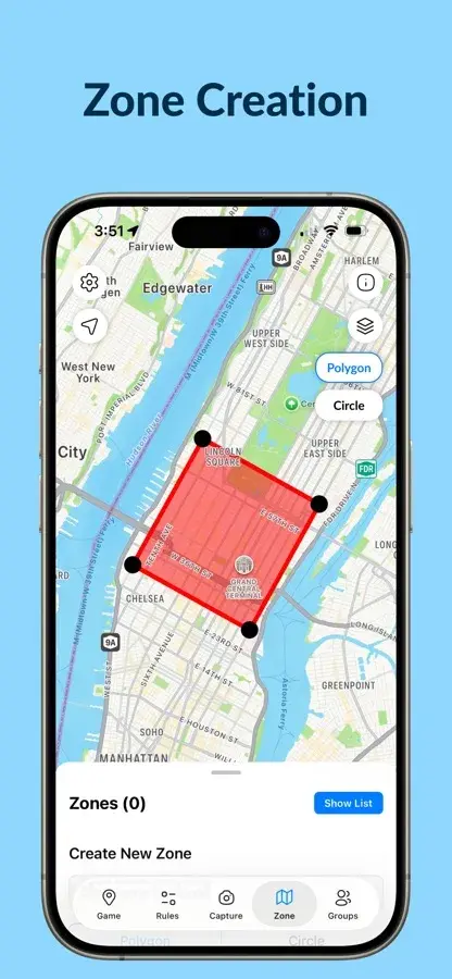 Creating a zone in Manhunt: four points dragged on the map form a red polygon over Midtown Manhattan, with Polygon and Circle options.