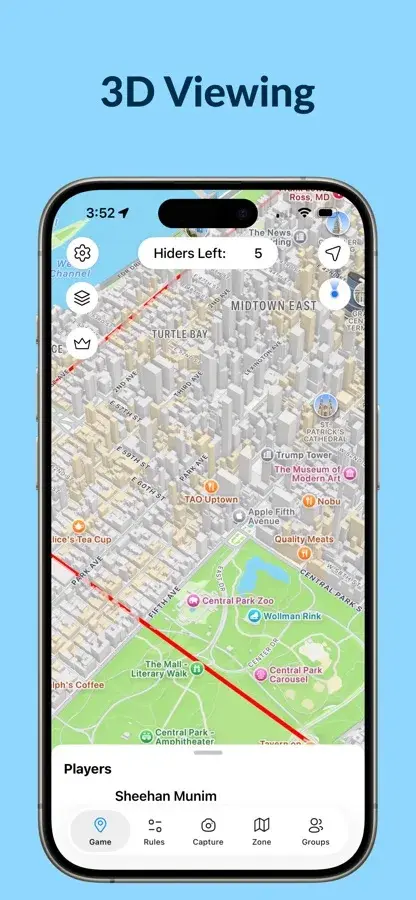 Manhunt's 3D map view of Midtown Manhattan and Central Park, with the play area's edge drawn in red.